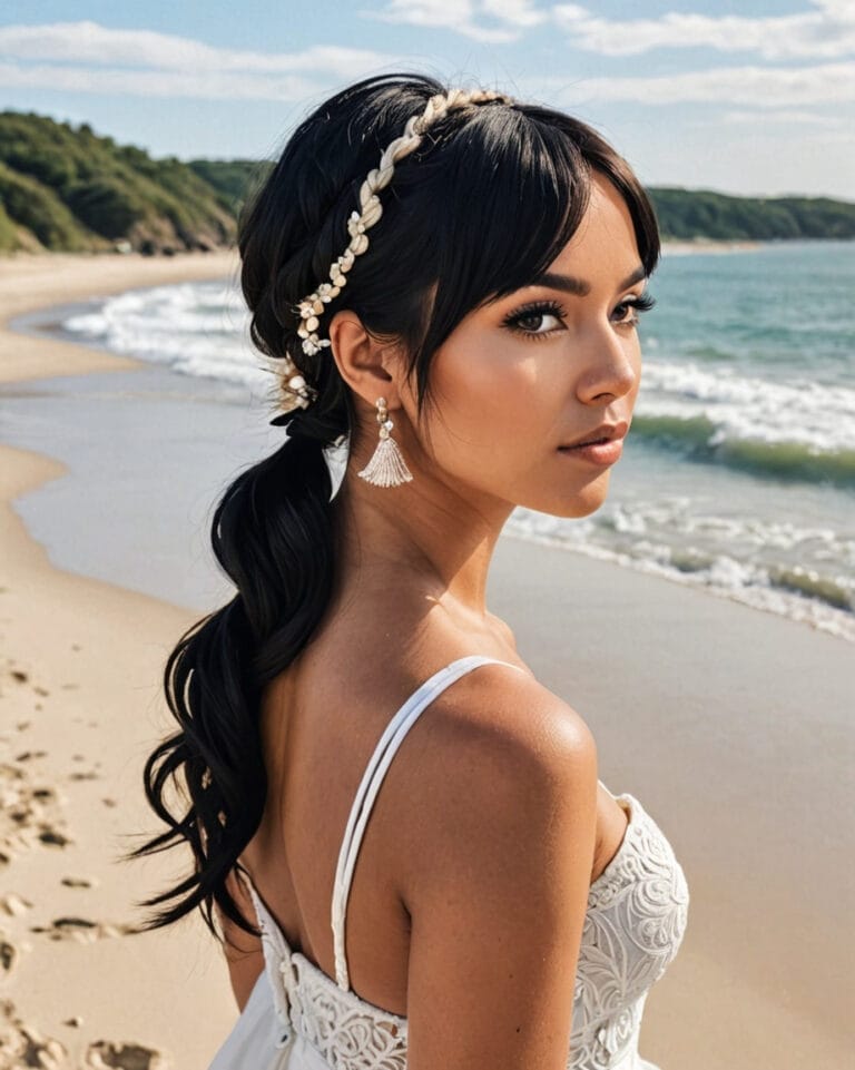 Boho-Braut mit Zopf im Nacken und leichten Wellen - schimmerndem Glow-Make-up in Bremerhaven.